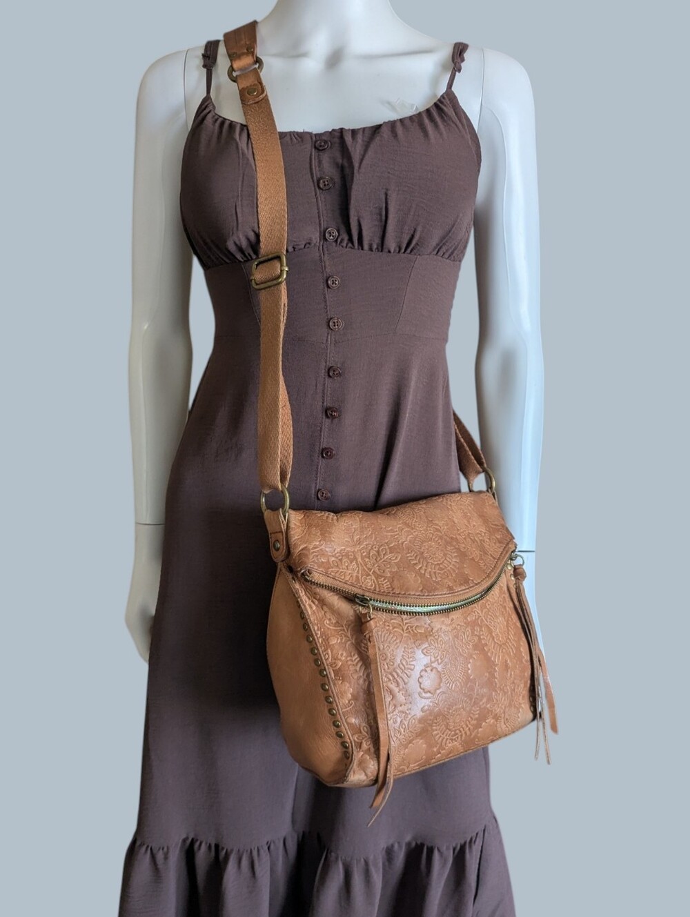 The Sak Embossed Floral Crossbody in Tan